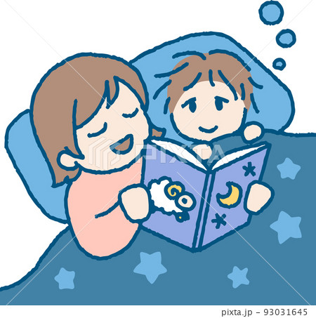 絵本を読んで男の子を寝かしつける女性のイラスト 93031645