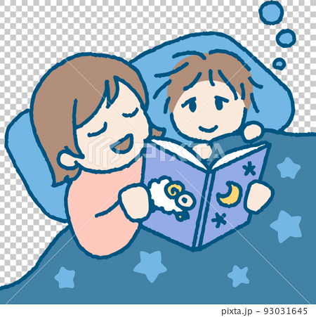 絵本を読んで男の子を寝かしつける女性のイラスト 93031645