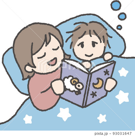 絵本を読んで男の子を寝かしつける女性のイラスト 93031647