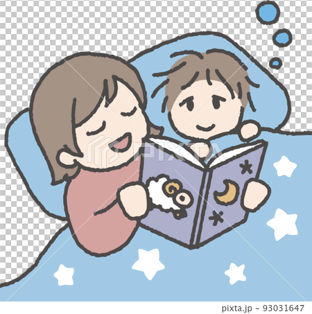 絵本を読んで男の子を寝かしつける女性のイラスト 93031647