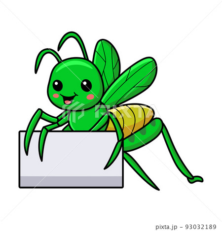 Cute little mantis cartoon with blank sign	 93032189