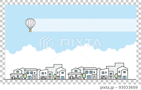 Illustration material of a residential area and a hot air balloon flying in the sky. 93033609