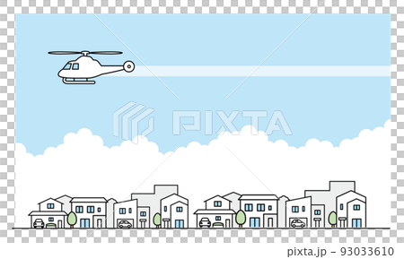 Illustration material of a residential area and a helicopter flying in the sky. Illustration material of a residential area and a helicopter flying in the sky. 93033610