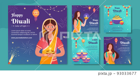 Indian Celebrating Diwali Day Social Media Post Template Hand Drawn Cartoon Flat Illustration 93033677