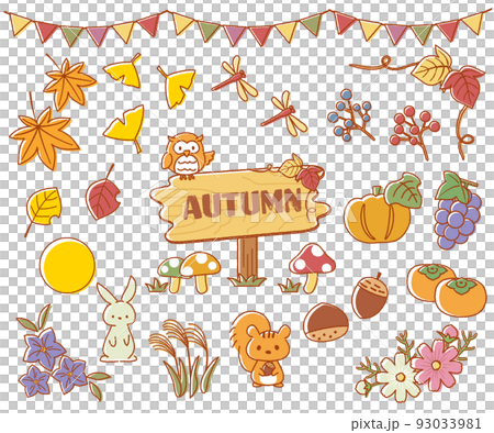 かわいい手描き風の秋のワンポイント素材セット かわいい手描き風の秋のワンポイント素材セット 93033981