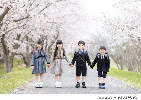 入学式イメージ　桜並木を歩く新一年生 93034095