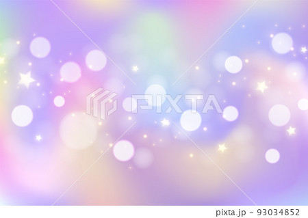 Rainbow unicorn background. Pastel gradient color sky with glitter and bokeh. Magic galaxy space and stars. Vector abstract pattern. 93034852
