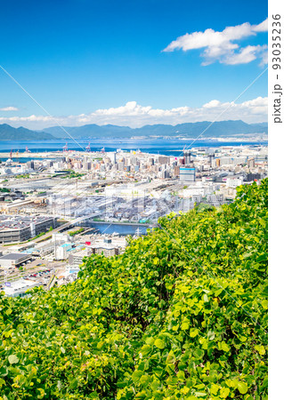 広島市街地の港湾部に近い地区の風景です。宇品、千田町、江波町などが見えます。廿日市市遠望できます。 93035236