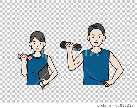 Sports instructor trainer male and female illustration recommending muscle training 93035259