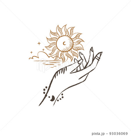 Magic hands with sun. Celestial and mystical sun for branding logo cosmetics and beauty products. Esoteric and mystical design elements.Hand drawn Vector illustration 93036069