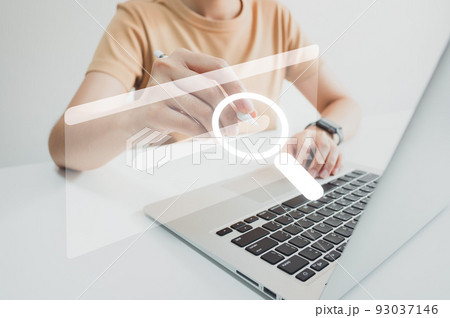 SEO Search engine optimization, Search technology, woman using stylus pen to search for information, using website search bar to find the desired information or shopping online. 93037146