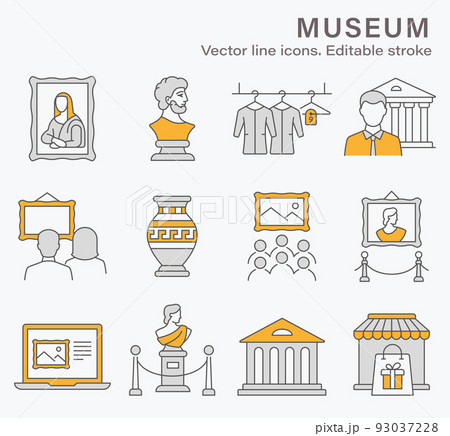 Museum icons, such as sculpture, gallery, exhibit, culture and more. Vector illustration isolated on white. Editable stroke. 93037228