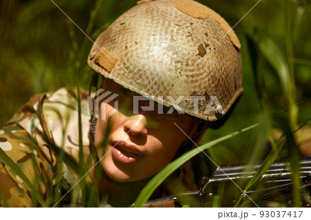 Caucasian Military lady woman in tactical gearの写真素材