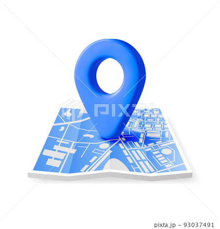 3D Location Folded Paper Map and Pin 3D Location Folded Paper Map and Pin 93037491