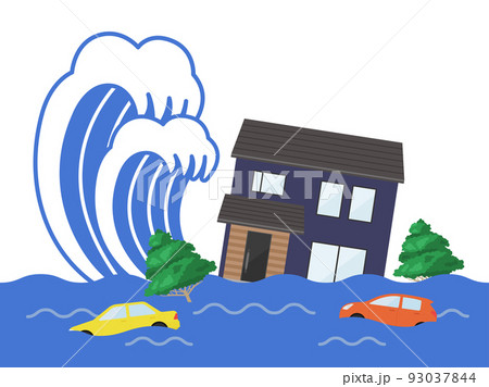津波の被害にあう、戸建住宅のイラスト 93037844