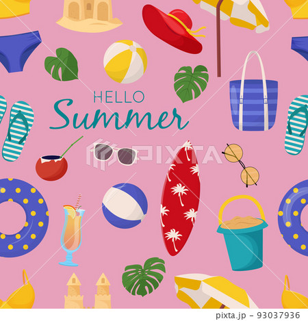 Set of cute summer elements: surfboard, cocktail, bag, hat, palm tree, bikini, flip flops, beach umbrella, ball, sand castle, lifebuoy. Summer seamless pattern Set of cute summer elements: surfboard, cocktail, bag, hat, palm tree, bikini, flip flops, beach umbrella, ball, sand castle, lifebuoy. Summer seamless pattern 93037936