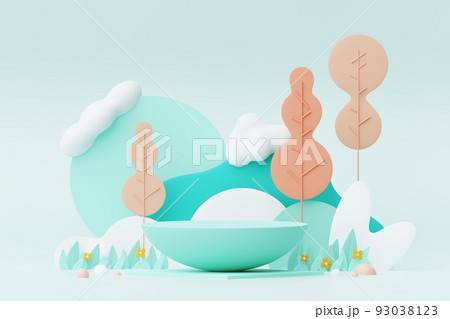 Abstract Pastel of nature, flowers leaves and tree plants with Podium stand platform. Cute Cartoon natural landscape background. Scene of spring colorful plants with minimal design. 3D Render. 93038123