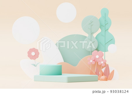 Abstract Pastel of nature, flowers leaves and tree plants with Podium stand platform. Cute Cartoon natural landscape background. Scene of spring colorful plants with minimal design. 3D Render. 93038124