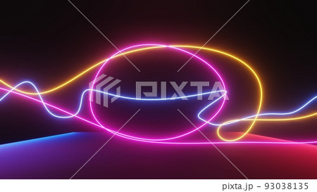 Abstract colorful neon glowing light background. Speed light illuminated. Florescent on the dark scene. Curvy moving line shape. 3D render. 93038135