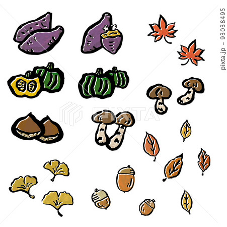秋の味覚セット 筆で描いたイラスト 秋の味覚セット 筆で描いたイラスト 93038495
