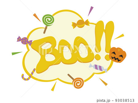 キャンディーとカボチャが飛び出すハロウィンのフレーム・吹き出し／Booの文字、感嘆符入り 93038513