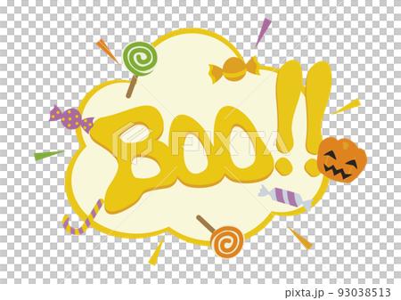 キャンディーとカボチャが飛び出すハロウィンのフレーム・吹き出し／Booの文字、感嘆符入り 93038513
