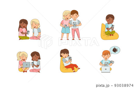 Little Children with Smartphone and Tablet pc Playing and Surfing Internet Vector Set 93038974