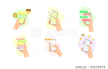 Hand with Smartphone Using Chat Software Text Messaging Vector Set Hand with Smartphone Using Chat Software Text Messaging Vector Set 93038979