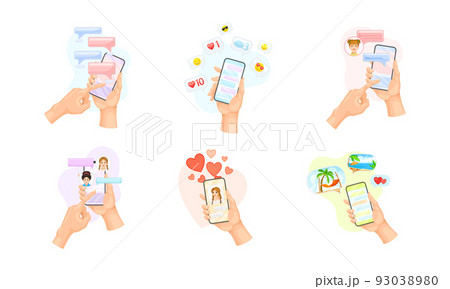 Hand with Smartphone Using Chat Software Text Messaging Vector Set Hand with Smartphone Using Chat Software Text Messaging Vector Set 93038980