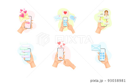 Hand with Smartphone Using Chat Software Text Messaging Vector Set Hand with Smartphone Using Chat Software Text Messaging Vector Set 93038981