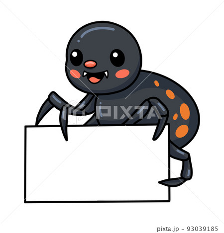 Cute little black spider cartoon with blank sign Cute little black spider cartoon with blank sign 93039185