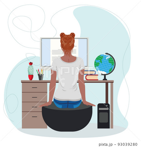 Girl in gray tee reading on screen Girl in gray tee reading on screen 93039280