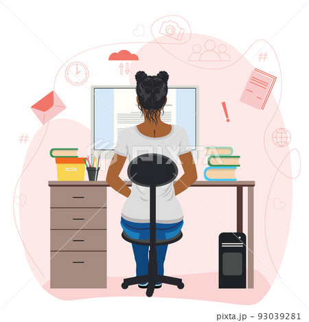 Girl in gray tee reading on screen 93039281