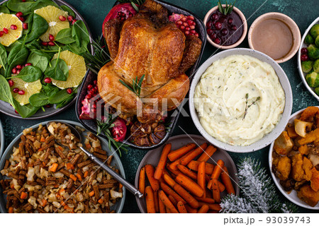 Christmas festive dinner with traditional dishes Christmas festive dinner with traditional dishes 93039743