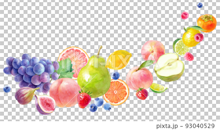 各種新鮮水果的裝飾。水彩插圖。流動的水果的集合。水果水彩畫框 93040529
