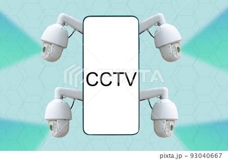 Supervision app and monitoring. Smartphone with four video surveillance cameras. Concept of CCTV and integrated video control system Supervision app and monitoring. Smartphone with four video surveillance cameras. Concept of CCTV and integrated video control system 93040667