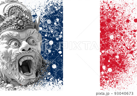 A new outbreak of viral infection at France, monkey pox. Head of statue God monkey Hanuman at french flag background. Copy space. The concept of monkeypox, pandemic and transmissible virus 93040673