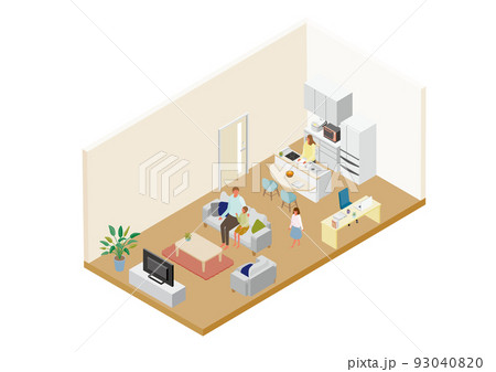 アイソメトリック＿一戸建てリビングダイニングキッチンのイラスト 93040820