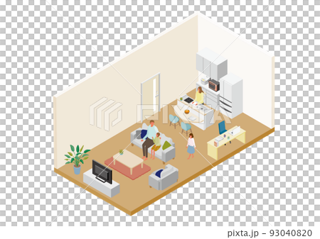 Isometric_Illustration of a single-family living dining kitchen Isometric_Illustration of a single-family living dining kitchen 93040820
