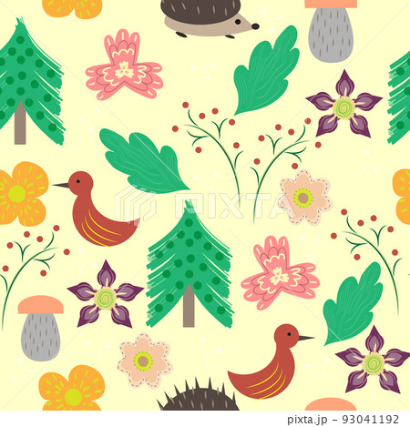 Seamless pattern with hand drawn plants and animals - hedgehog, birds, flowers. 93041192