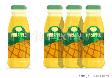 Plastic or glass bottle with pineapple cocktail. Bottle of pineapple juice with cap and label. Flat cartoon vector isolated on white background 93041679