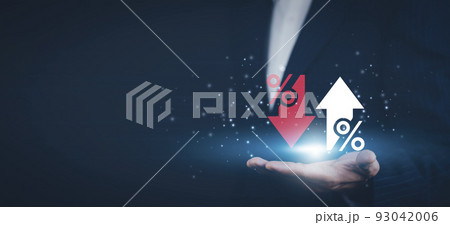 Concept Discount and sale hologram Commission, Businessman on blurred background holding hand % discount, commission and represented by percentage signs, symbol of a percentage and business background 93042006