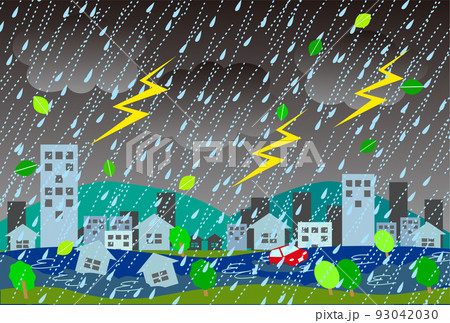 雷と大雨と洪水の街のイラスト 93042030