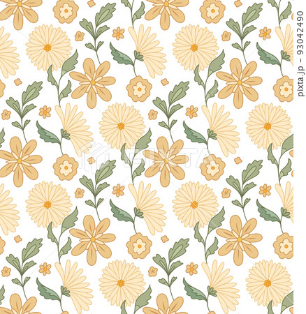Vector seamless gentle pattern with groovy flowers and stems on white background. Nature tender texture for fabric. Retro flower power wallpaper. Vector seamless gentle pattern with groovy flowers and stems on white background. Nature tender texture for fabric. Retro flower power wallpaper. 93042490