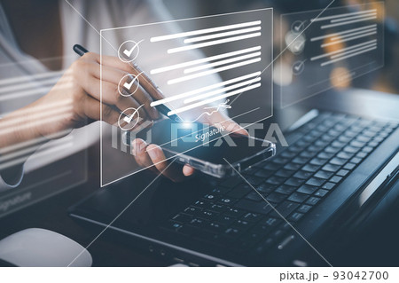 Signing electronic documents on digital documents Online, businessman with contract Electronic signature, e-signing, digital document management, paperless office, signing business contract concept, 93042700