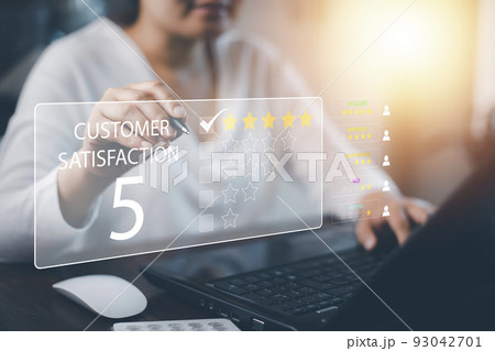 Woman using pen touch graphics Customer review satisfaction feedback survey concept, User give rating to service experience on online application, service leading to reputation ranking of business. Woman using pen touch graphics Customer review satisfaction feedback survey concept, User give rating to service experience on online application, service leading to reputation ranking of business. 93042701