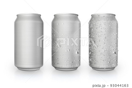 Thin aluminum cans in silver isolated from white background, cans with water droplets, cans with water droplets and ice 93044163
