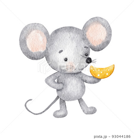 Cute funny mouse with cheese. Watercolor character illustration Isolated on white background. 93044186