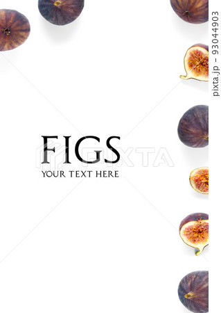 Creative layout of Fresh ripe figs. Food Photo. Figs on a white background with copy space. trendy modern collage of Fig with sample text. Creative layout of Fresh ripe figs. Food Photo. Figs on a white background with copy space. trendy modern collage of Fig with sample text. 93044903