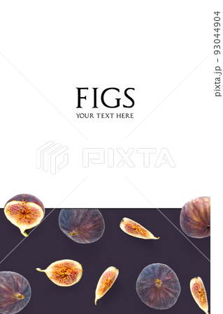 Creative layout of Fresh ripe figs. Food Photo. Figs on a white background with copy space. trendy modern collage of Fig with sample text. Creative layout of Fresh ripe figs. Food Photo. Figs on a white background with copy space. trendy modern collage of Fig with sample text. 93044904
